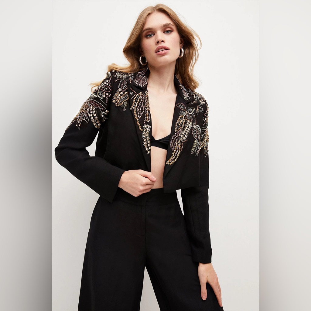 Nwt Karen Millen Crystal Embellished Linen Twill Crop Jacket In Black